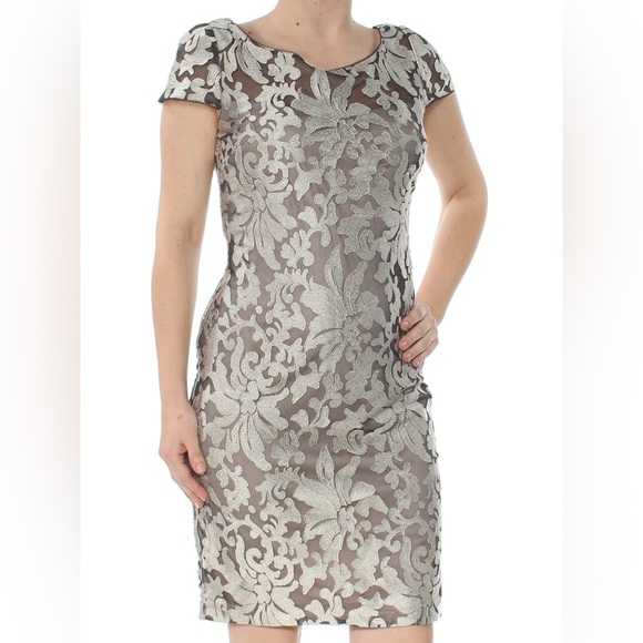 New Calvin Klein Silver Sheath Puff Sleeve Mini Dress embroidered mesh size 2 - Picture 1 of 10